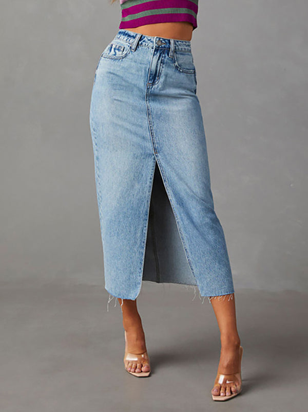 Fringed Pockets Split-Front A-Line High Waisted Skirts Bottoms