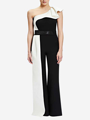 Contrast Color Split-Joint High Waisted Wide Leg One-shoulder Jumpsuits