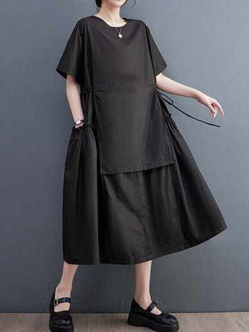 Solid Color Split-Joint Loose Short Sleeves Round-neck Midi Dresses