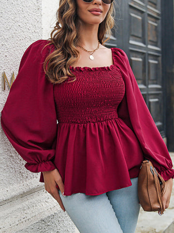 Elasticity Pleated Solid Color Long Sleeves Puff Sleeves Square-Neck T-Shirts