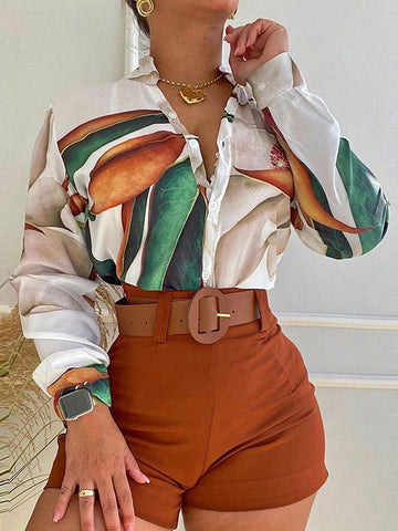 Print Long Sleeves Buttoned  Deep V-Neck Shirts Top +Belted Shorts Bottom Two Pieces Set