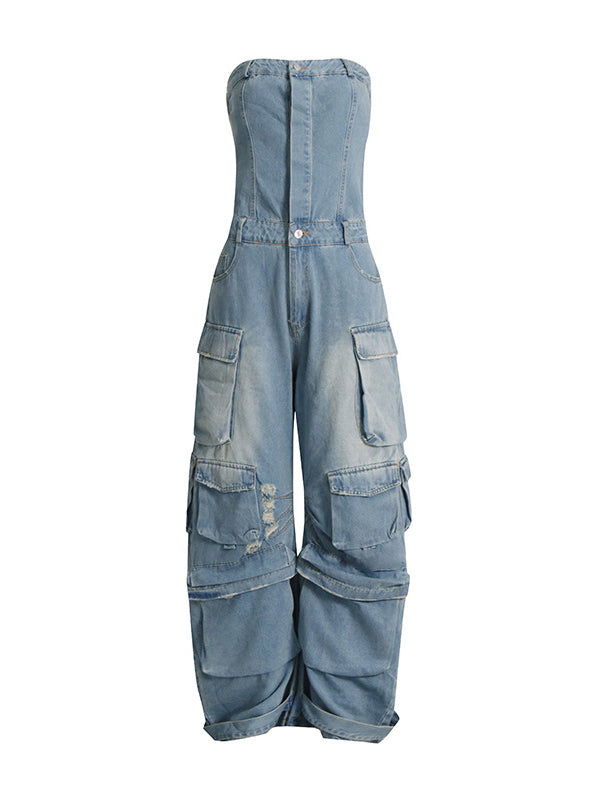 Buttoned Hollow Pockets Wide Leg High Waisted Sleeveless Tube Jumpsuits