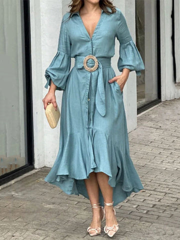 Pleated Solid Color High-Low Puff Sleeves Lapel Collar Maxi Dresses