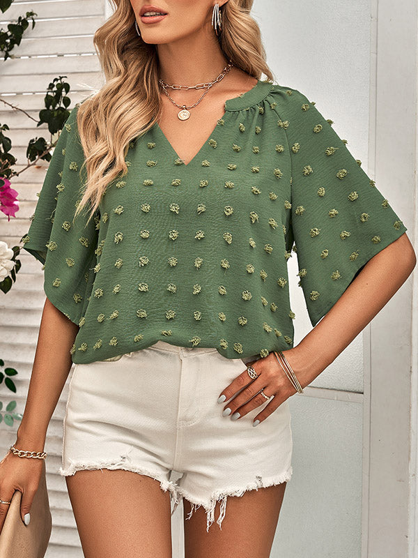 Jacquard Solid Color Half Sleeves Loose V-Neck T-Shirts Tops