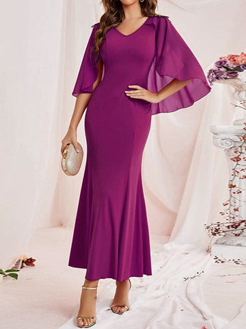 Gauze Solid Color Split-Joint Zipper Batwing Sleeves Bodycon V-Neck Maxi Dresses