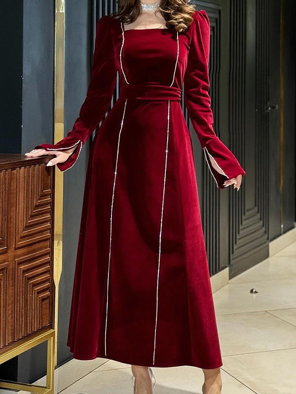 Long Sleeves Wrap Bandage Belted Contrast Color Square-Neck Maxi Dresses