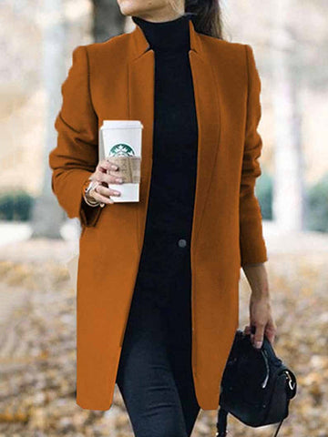 Solid Color Split-Joint Long Sleeves Stand Collar Woolen Coat Outerwear