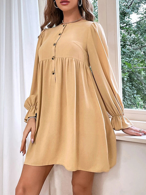 Buttoned Elasticity Pleated Velvet Flared Sleeves High Waisted Round-Neck Mini Dresses