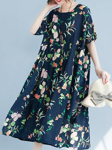 Flower Print A-Line Loose Round-Neck Midi Dresses