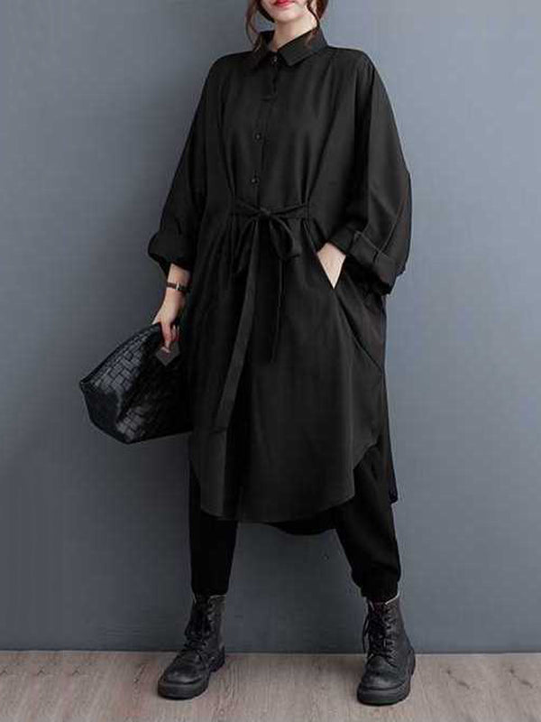 Buttoned Pleated Solid Color Split-Joint Tied Batwing Sleeves Long Sleeves Lapel Outerwear Midi Dresses