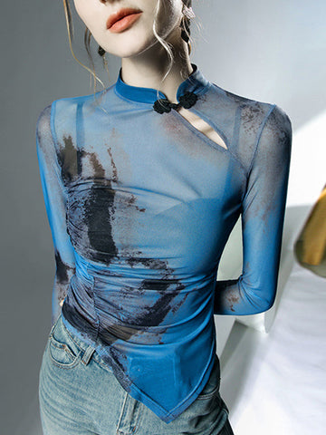 Asymmetric Hollow Mesh See-Through Wash Painting Long Sleeves Plus Size Mock Neck T-Shirts Tops