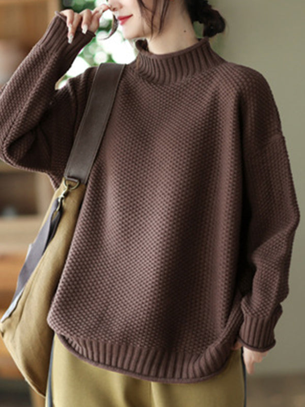 Vintage Long Sleeves Loose Solid Color High-Neck Sweater Tops