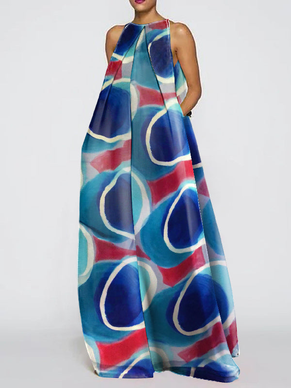 Loose Sleeveless Gradient Printed Round-Neck Maxi Dresses