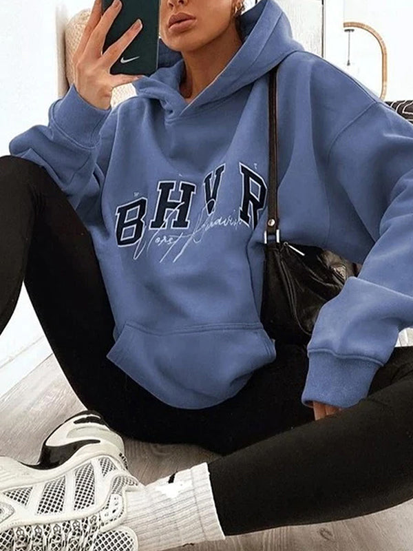 Keep Warm Letter Print Velvet Long Sleeves Loose Hooded Hoodies Tops