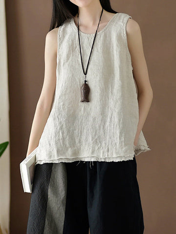 Fringed Solid Color Loose Sleeveless Round-Neck Vest Top