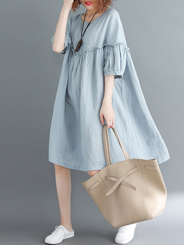 Artistic Retro Loose Falbala Solid Color Pleated Midi Dress