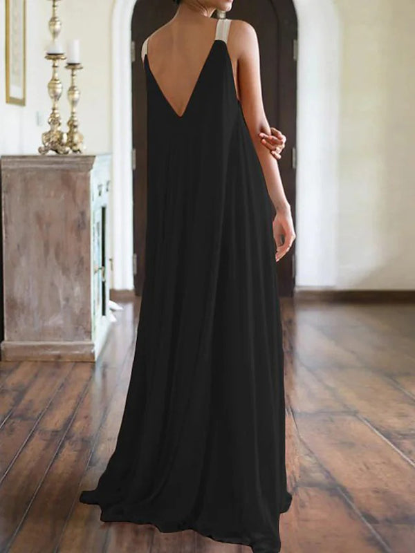 Simple Sleeveless Loose Solid Color V-Neck Maxi Dresses