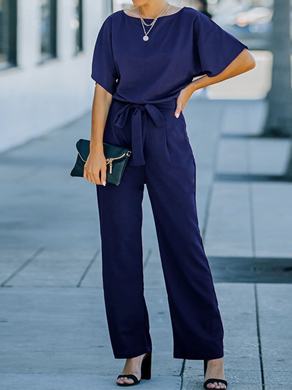 Ribbed Solid Color Loose Short Sleeves Round-neck Jumpsuits