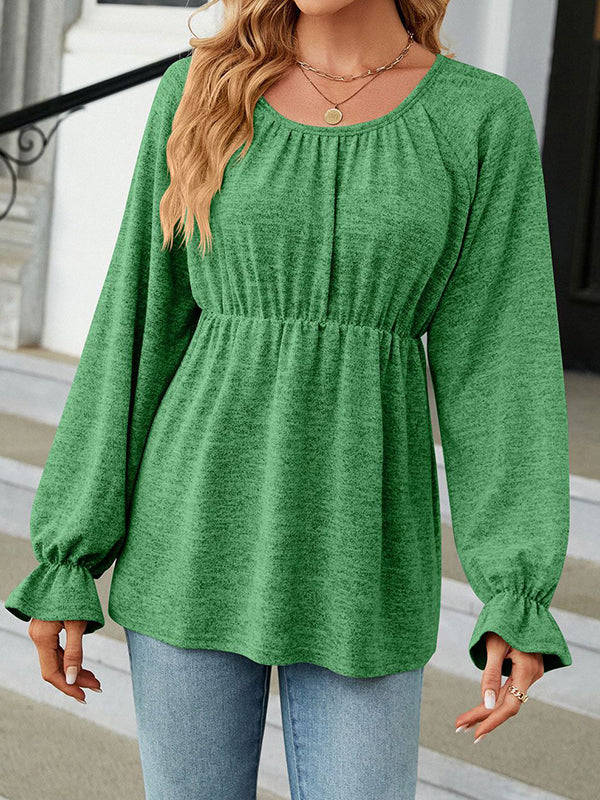 Elasticity Falbala Solid Color Long Sleeves Loose Round-Neck T-Shirts