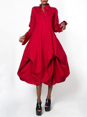 Stylish Loose Stand-Collar Long Sleeves Midi Dress