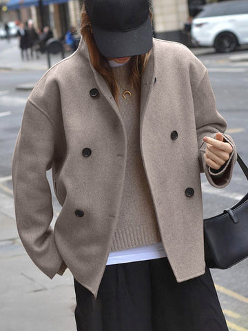 Buttoned Long Sleeves Loose Stand Collar Woolen Coat