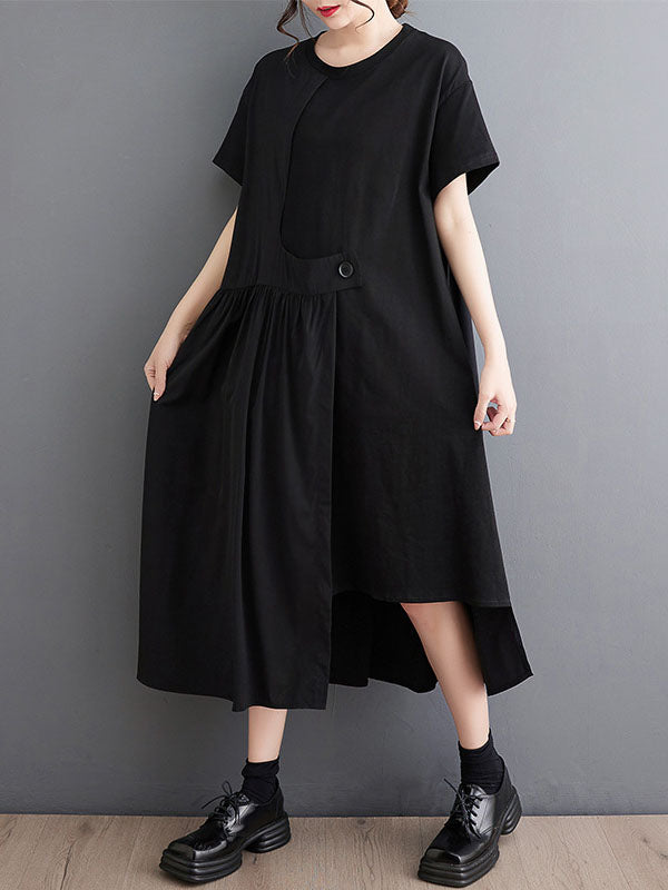 Solid Color Split-Joint Irregular clipping Loose Round-neck Midi Dresses