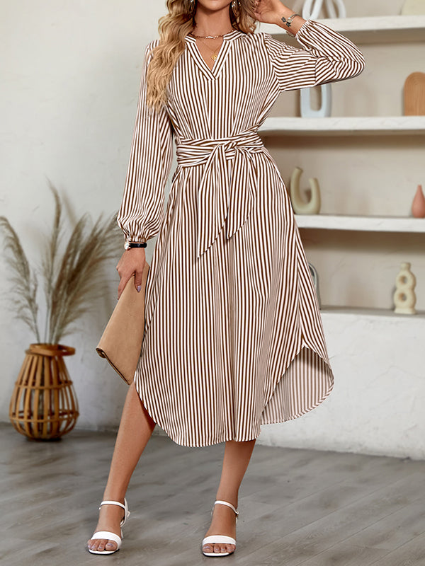 Striped Tied Waist A-Line Long Sleeves V-Neck Shirt Dress Midi Dresses