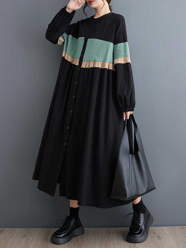 Buttoned Contrast Color Elasticity Split-Joint Long Sleeves Loose Round-neck Midi Dresses