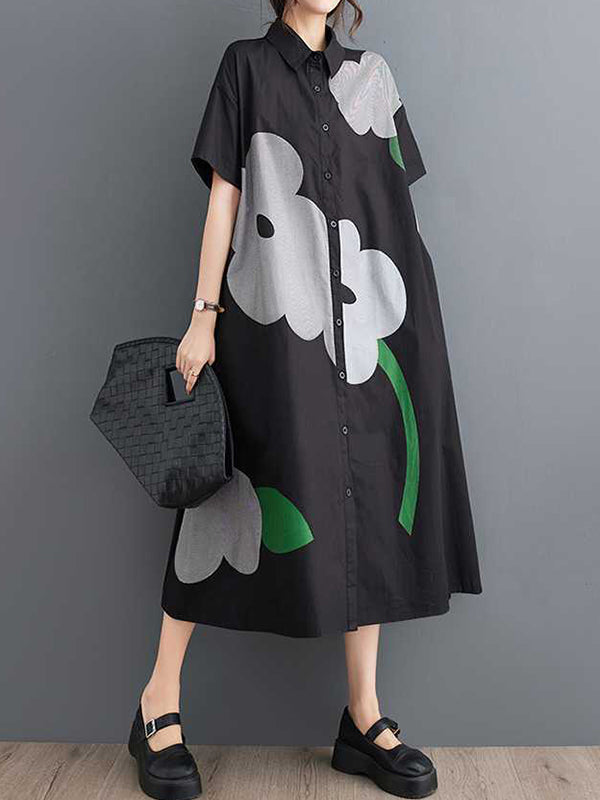 Buttoned Floral Printed Loose Short Sleeves Lapel Collar Midi Dresses