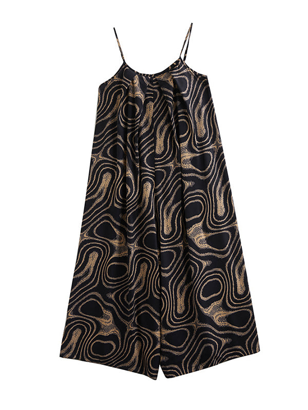 Printed Loose Wide Leg Spaghetti-Neck Overalls