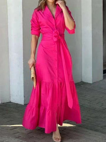 A-Line Half Sleeves Buttoned Solid Color Tied Waist Polo Maxi Dresses