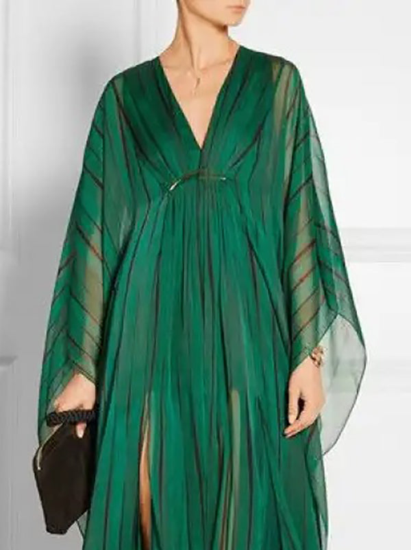 Long Sleeves Loose See-Through Split-Front Striped Deep V-Neck Maxi Dresses