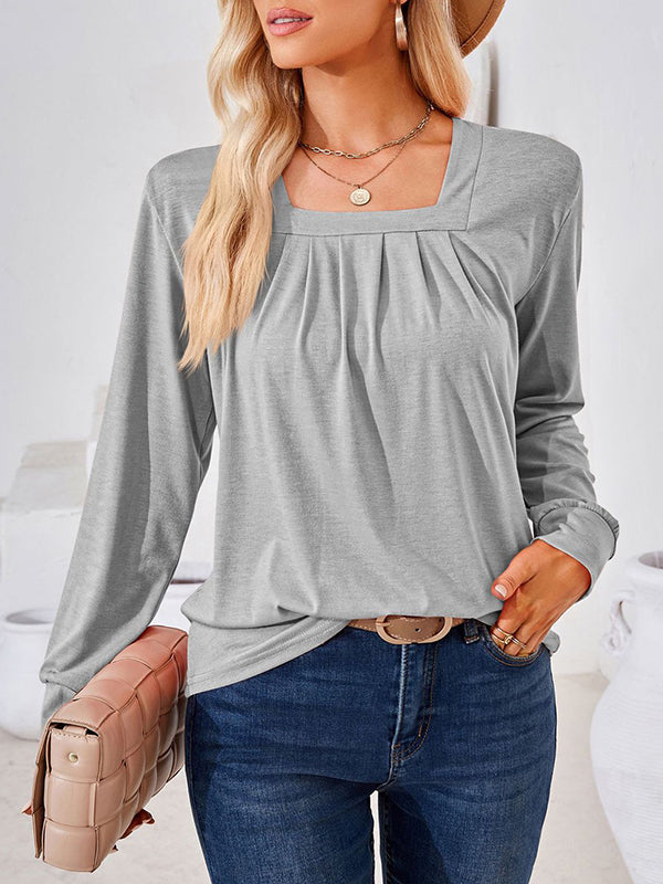 Pleated Solid Color Long Sleeves Loose Square-Neck T-Shirts Tops