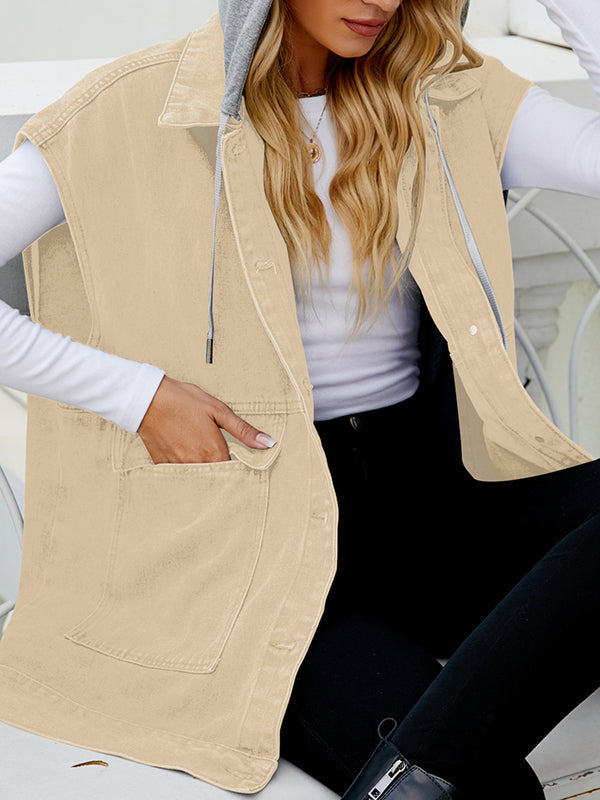 Buttoned Detachable Hooded Pockets Split-Joint Loose Sleeveless Lapel Collar Vest Outerwear