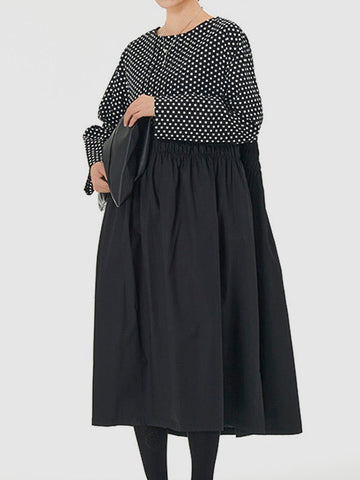 Contrast Color Elasticity Pleated Polka-Dot Split-Joint Long Sleeves Loose Round-Neck Midi Dresses