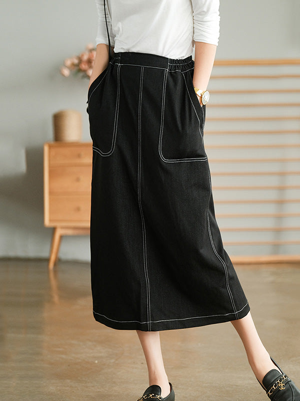 Simple Split-Joint Side Pocket A-Line Denim Skirt