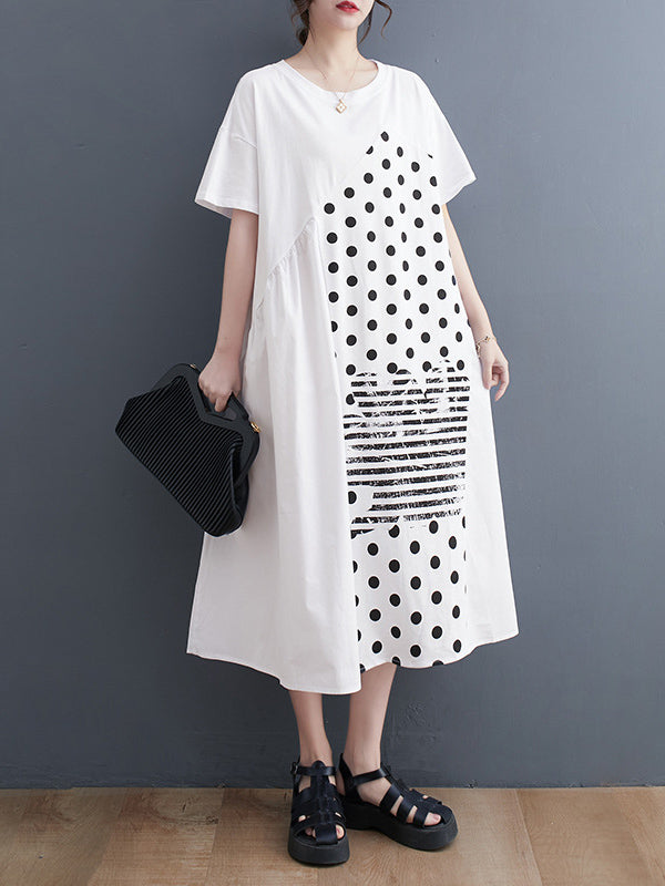 Irregularity Oversize Printed Striped Polka-Dot Split-Joint Round-Neck Midi Dresses