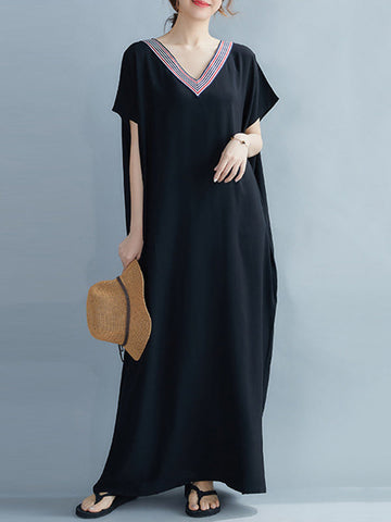 Casual Artistic Retro Striped V-Neck Short Sleeves Maxi Dress