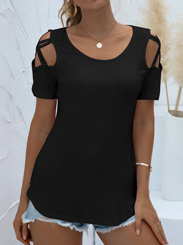 Hollow Solid Color Loose Short Sleeves Round-Neck T-Shirts Tops