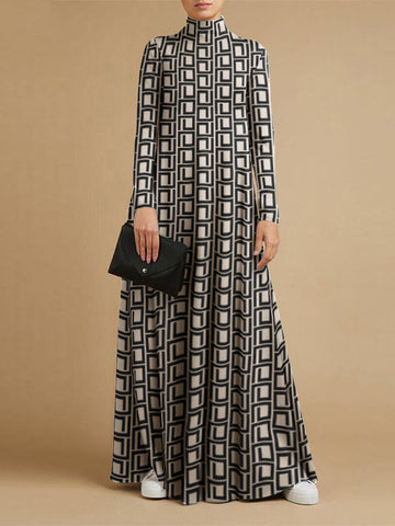 Long Sleeves Loose Printed High Neck Maxi Dresses