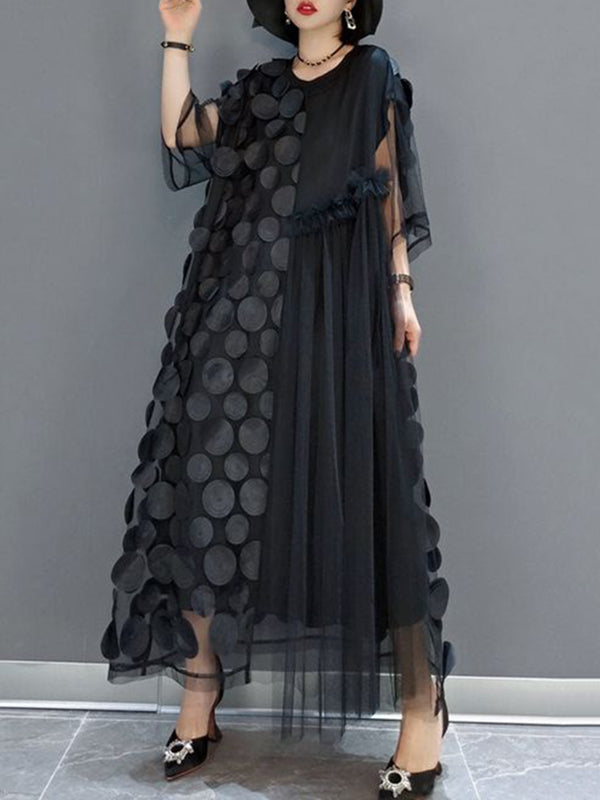 Asymmetric Pleated Polka-Dot Solid Color Split-Joint Tulle A-Line Half Sleeves Round-Neck Maxi Dresses