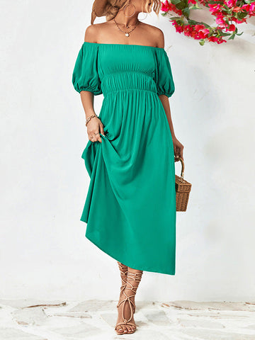 Solid Color Loose Short Sleeves Off-The-Shoulder Midi Dresses