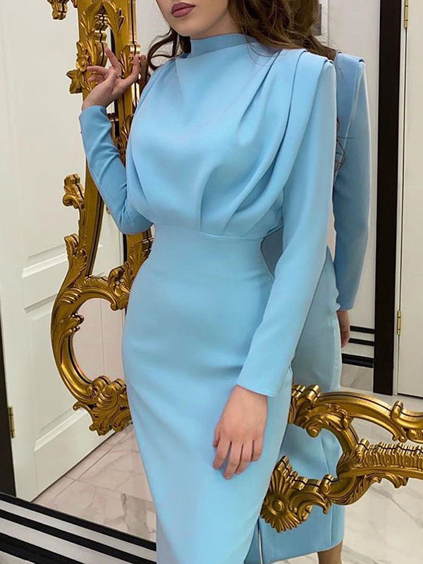 Pleated Solid Color High Waisted Long Sleeves Mock Neck Midi Dresses