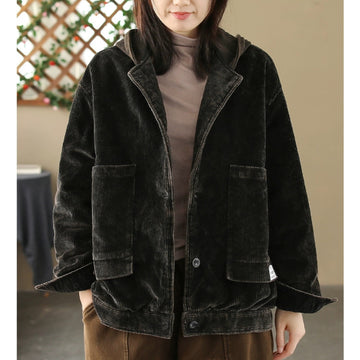 Oversized Added Cotton Lining Short Corduroy Hooded Cotton Jacket