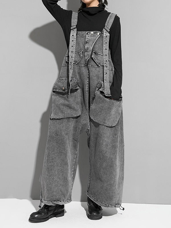 Pockets Split-Joint Loose Sleeveless Overalls Jean Pants Bottoms