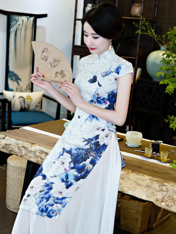 White&Blue Flower Split-side Ao Dai Cheongsam