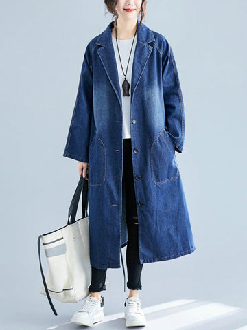 Original Lapel Long Sleeve Denim Outerwear&Trench