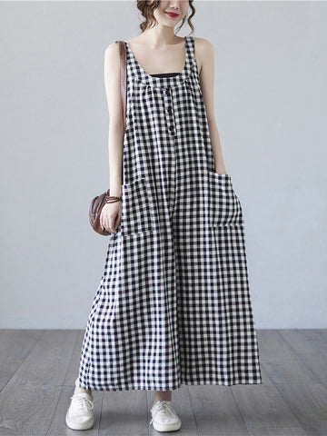 Original Simple Casual Artistic Retro Plaid Wide Legs Jumpsuits