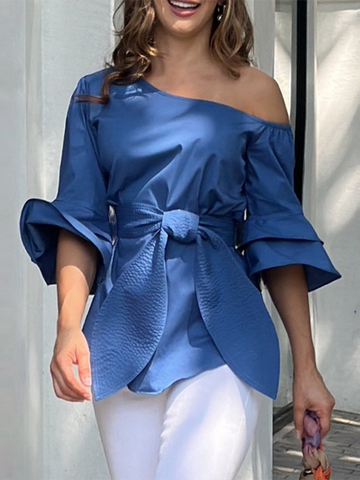 Asymmetric Knot Solid Color Flared Sleeves One-shoulder Blouses&shirts Tops