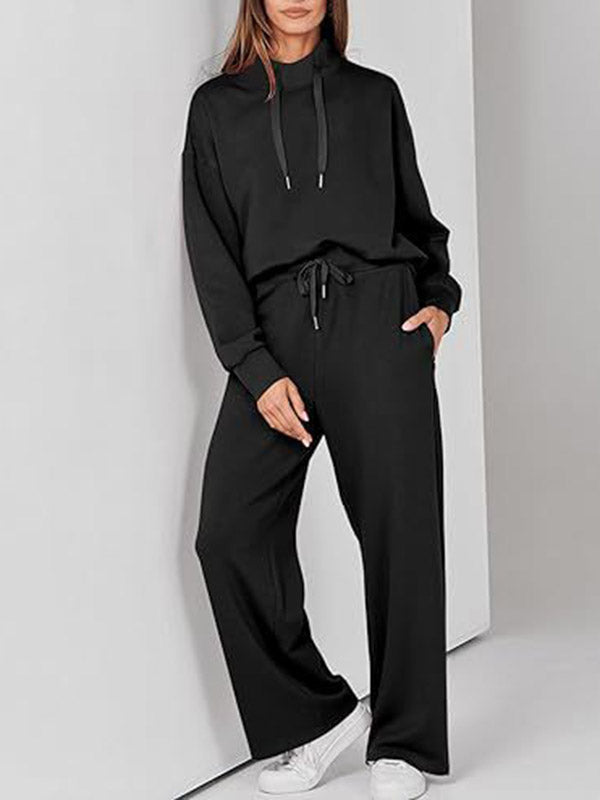 Drawstring Split-Joint High Waisted Long Sleeves Sweatshirt + Pants/Trousers Two Pieces Set